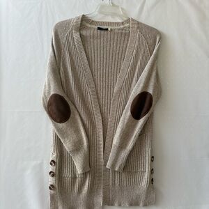 RDI Elegant Beige Cardigan. Brown Patched Elbows Size L Cotton/Acrylic INV25/167